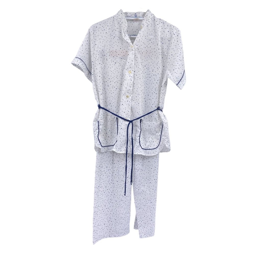 Vintage Mary Jane two piece pajama set size 36 medium white blue polka dot 60s
